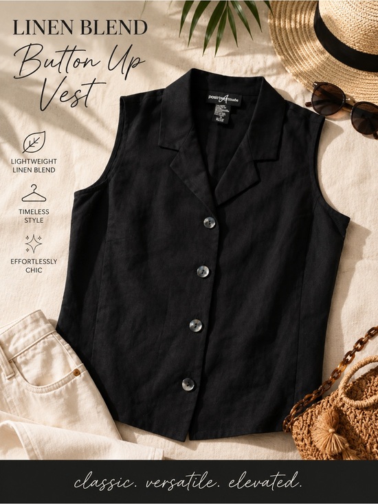 Positive Attitude Tops - Positive Attitude Black Linen-Blend Button-Up Vest